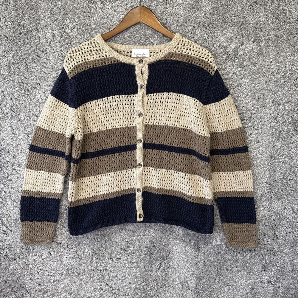 Vtg Striped Open Knit Cardigan Sweater Neutral Size Large Granola Ramie Cotton